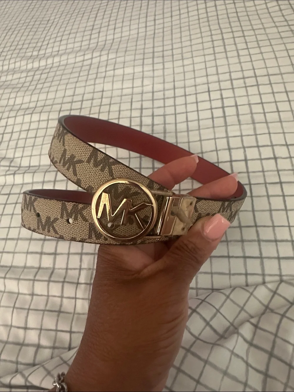 Michael Kors Beige Signature MK Belt with Red Interior and Gold Buckle